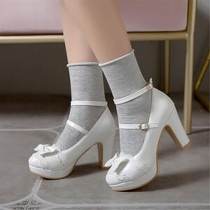 Women's White Mary Janes Lolita Lace Kitten Heel Platform Coquette Style Size 9